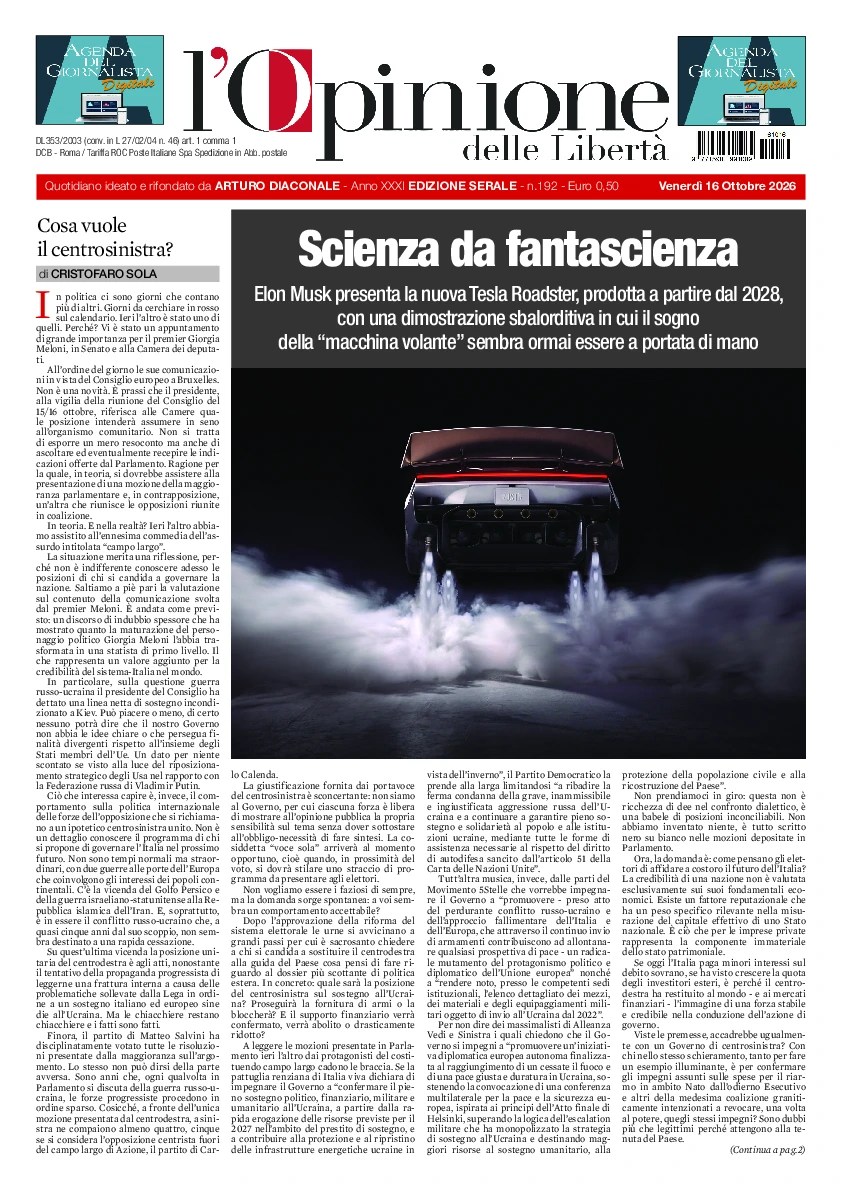 Prima-pagina-opinione della liberta-edizione-di-oggi-2026-10-19